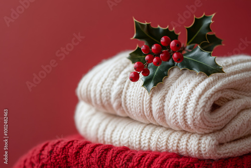 Cozy knitted sweaters decorated with holly against a festive red background for winter season photo