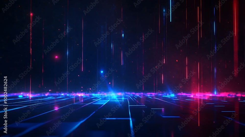 Abstract futuristic background with vibrant neon lines and glowing particles in a dark setting. Abstract futuristic background with vibrant neon lines and glowing particles in a dark setting.
