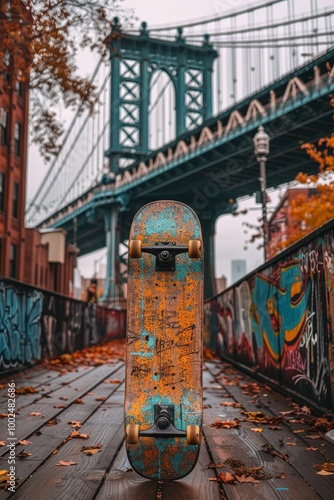 Urban skateboard mockup against a colorful graffiti wall showcasing street art vibe