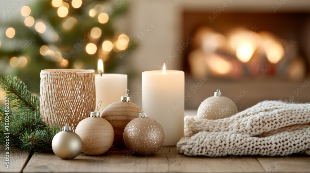 Festive holiday decorations featuring candles, ornaments, and cozy knitwear near a fireplace Festive holiday decorations featuring candles, ornaments, and cozy knitwear near a fireplace
