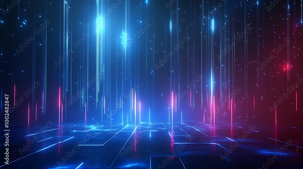 Abstract futuristic digital art with blue and red glowing lines on a dark background. Abstract futuristic digital art with blue and red glowing lines on a dark background.