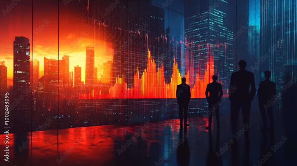 A group of men are standing in front of a city skyline with a red sunset in the A group of men are standing in front of a city skyline with a red sunset in the