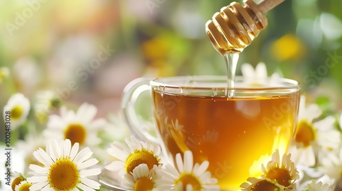 A honey dipper dripping honey into a cup of tea.