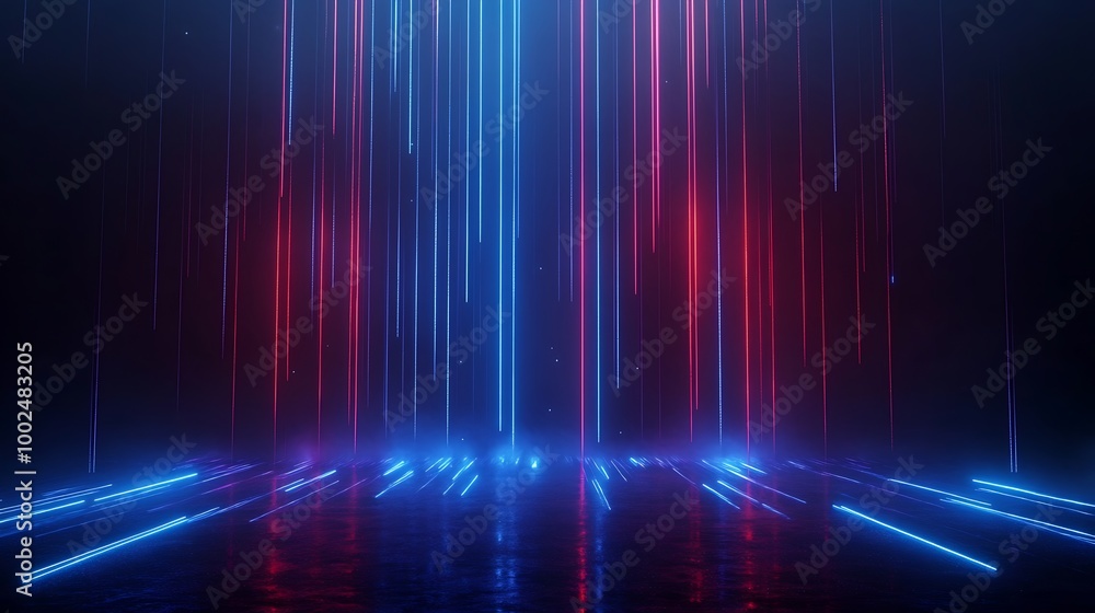 Abstract glowing light beams create a dramatic, futuristic atmosphere with vibrant blue and red colors. Abstract glowing light beams create a dramatic, futuristic atmosphere with vibrant blue and red colors.