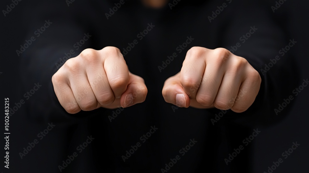 Close-up of two clenched fists in a confronting gesture, suggesting strength or conflict Close-up of two clenched fists in a confronting gesture, suggesting strength or conflict