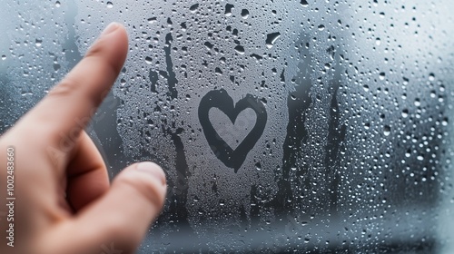 Finger drawing a heart shape on a foggy window covered in water droplets photo