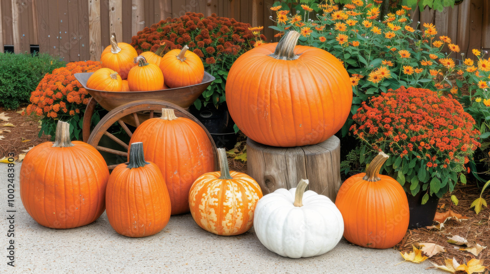 Colorful pumpkins arranged around vibrant flowers in a cozy autumn garden setting Colorful pumpkins arranged around vibrant flowers in a cozy autumn garden setting