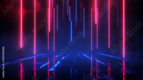 Abstract lighting effects in red and blue colors, creating a futuristic atmosphere with reflections.