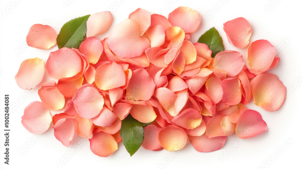 Soft pink rose petals scattered with green leaves on a white background