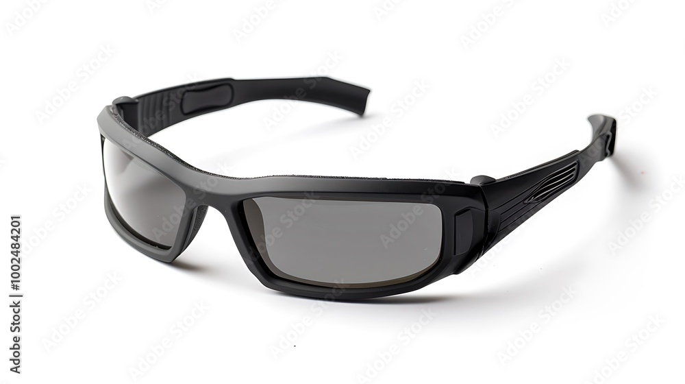 A pair of black tactical sunglasses, arranged on a white background. A pair of black tactical sunglasses, arranged on a white background.