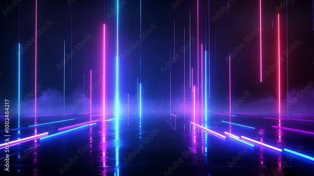 Abstract neon light beams create a vibrant and futuristic atmosphere over a reflective surface. Abstract neon light beams create a vibrant and futuristic atmosphere over a reflective surface.