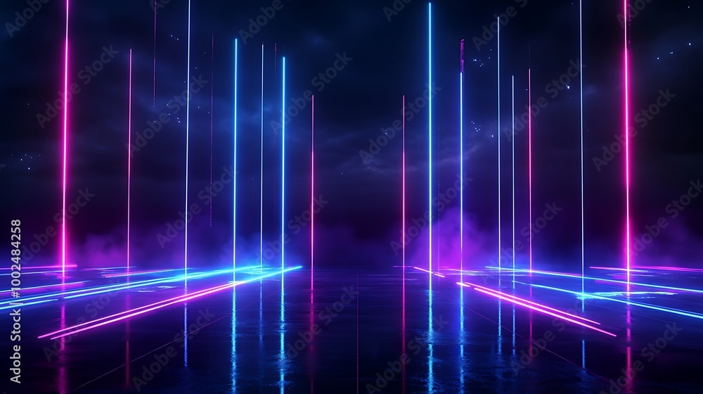 Abstract neon light beams creating a futuristic atmosphere, perfect for backgrounds in modern designs. Abstract neon light beams creating a futuristic atmosphere, perfect for backgrounds in modern designs.