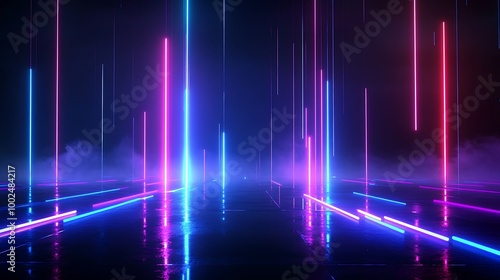 Abstract neon light beams create a vibrant and futuristic atmosphere over a reflective surface.