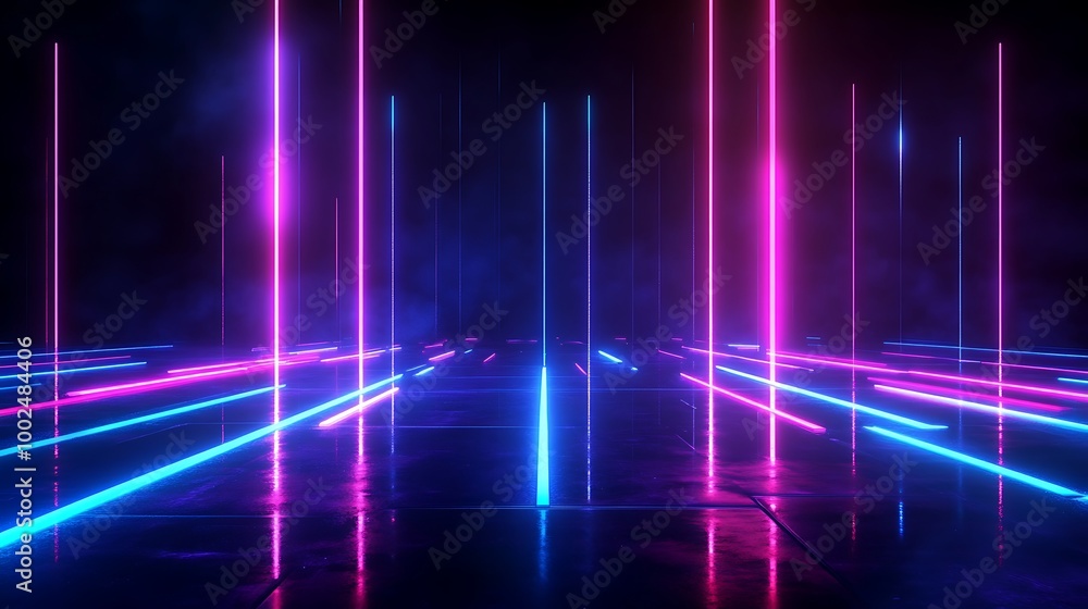Abstract neon light beams in a dark space, creating a vibrant and futuristic ambiance. Abstract neon light beams in a dark space, creating a vibrant and futuristic ambiance.