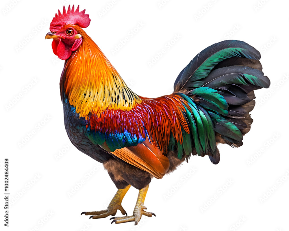 Fototapeta premium Cock with vibrant plumage, looking sideways attentively, isolated on white background