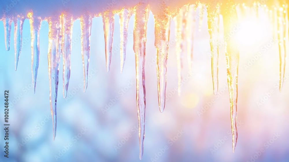 Icicles glowing in the sunlight with a soft, warm background of blue and gold Icicles glowing in the sunlight with a soft, warm background of blue and gold