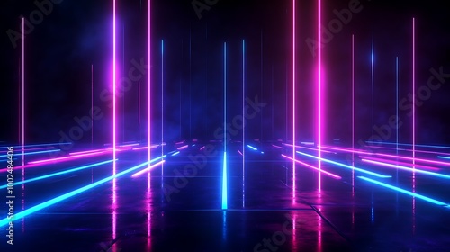 Abstract neon light beams in a dark space, creating a vibrant and futuristic ambiance.