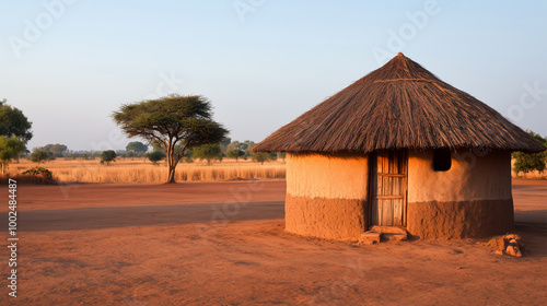 A small hut with a thatched roof sits in a desert in Africa. The hut is surrounded by a dry, barren landscape