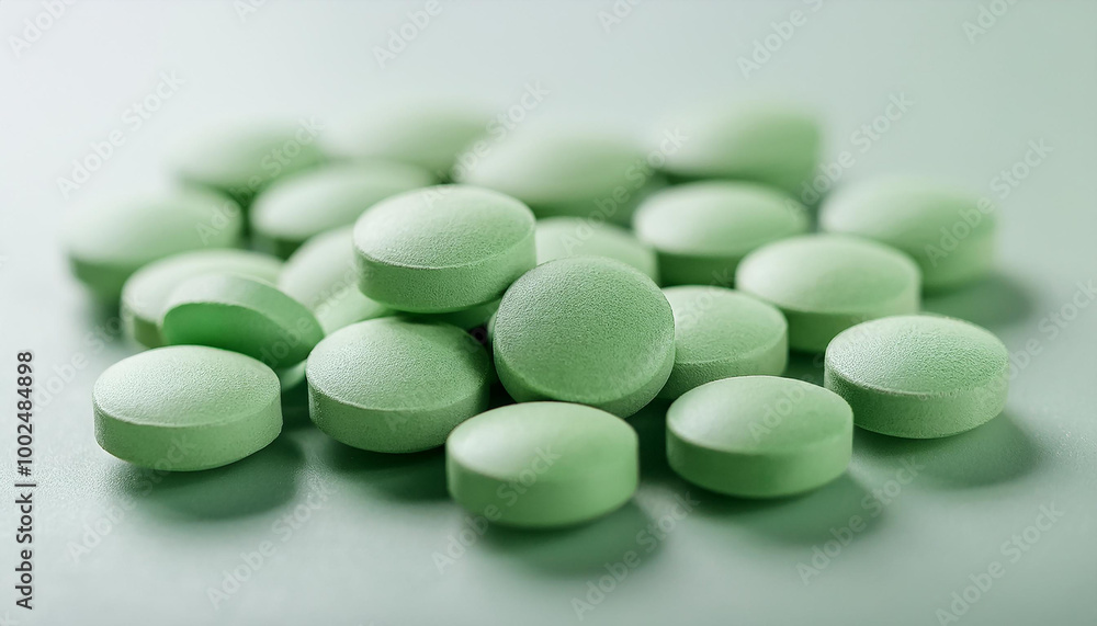 Heap of green pills. Prescription drug. Vitamins or supplements. Painkiller, medication, health care Heap of green pills. Prescription drug. Vitamins or supplements. Painkiller, medication, health care