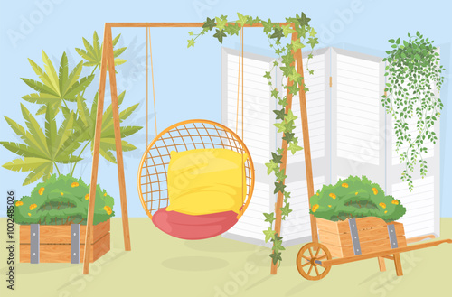 Rustic photo zone studio background with wooden swing, floral garden decoration vector illustration. Memory shooting space design interior for romantic photoset