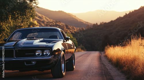 A vintage muscle car from the 1970s parked on a dusty road, with gleaming chrome and bold stripes.