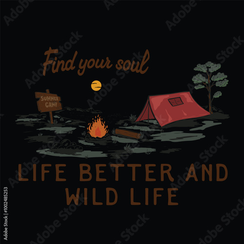 vintage graphic design of a tent with a campfire and a lake behind it