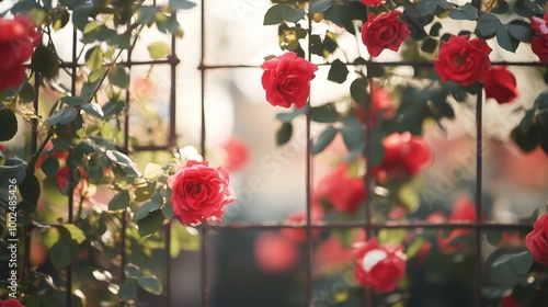 Red roses blooming on a rustic iron trellis in a sunny garden during late afternoon