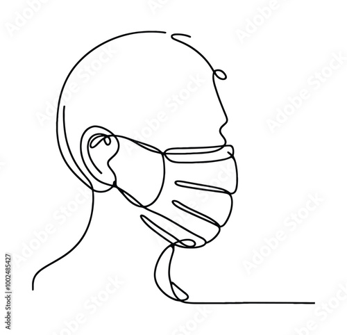 Continuous line drawing of person wearing face mask  minimalist medical safety illustration