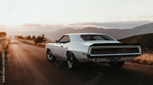 A vintage muscle car from the 1970s parked on a dusty road, with gleaming chrome and bold stripes.