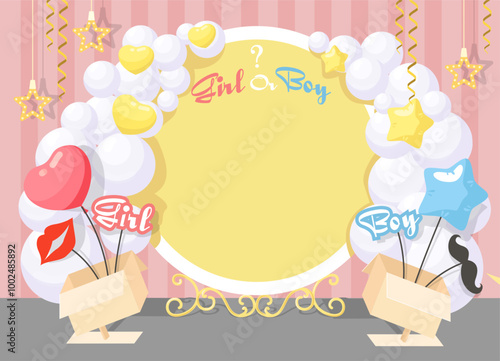 Gender party photo zone background with boy or girl decoration vector illustration. Scene for memory shooting in anticipation of baby