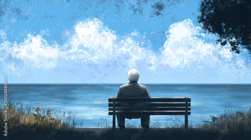 Old individual sitting on a bench gazing out at the calm sea with a soft breeze creating a peaceful and reflective moment Old individual sitting on a bench gazing out at the calm sea with a soft breeze creating a peaceful and reflective moment