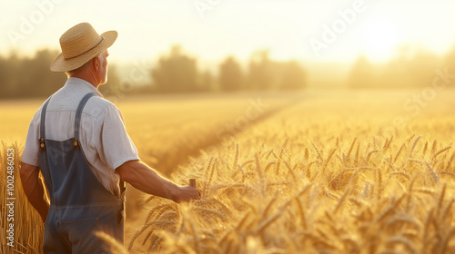 a farmer in a wheat field with the sun behind him