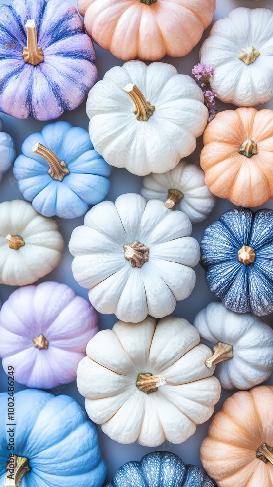 Aesthetic mix of pastel blue, pink and purple pumpkins, top view. Greeting mockup, wallpaper, copy space. Generative AI Aesthetic mix of pastel blue, pink and purple pumpkins, top view. Greeting mockup, wallpaper, copy space. Generative AI