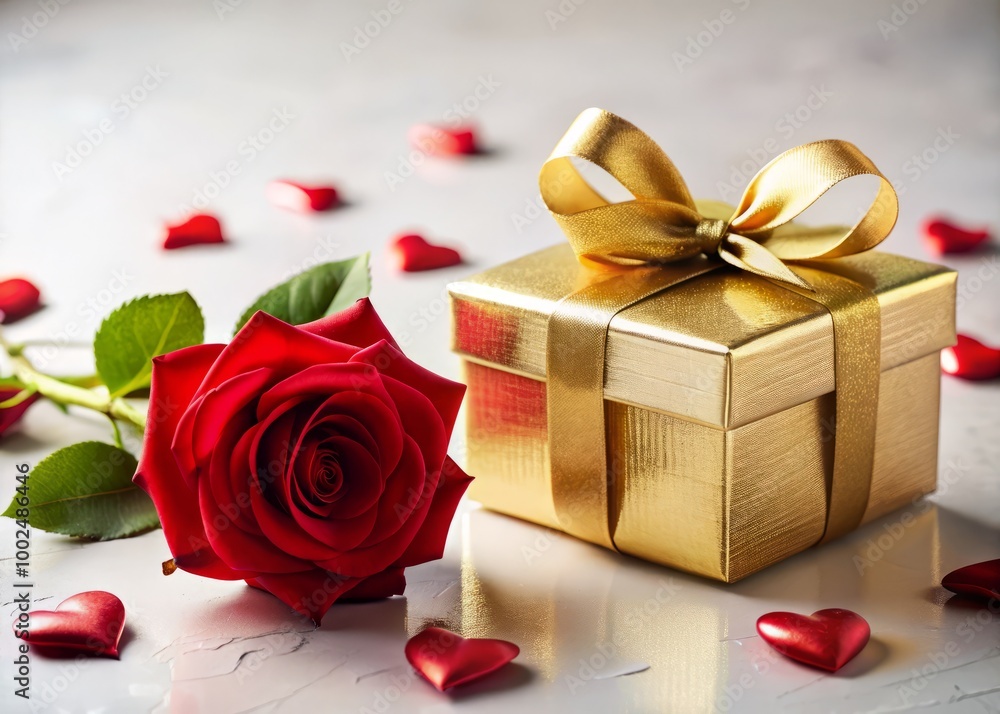 Elegant Valentine Day Elements with Golden Gift Box, Red Rose, Hearts and Shadows on White Background Elegant Valentine Day Elements with Golden Gift Box, Red Rose, Hearts and Shadows on White Background