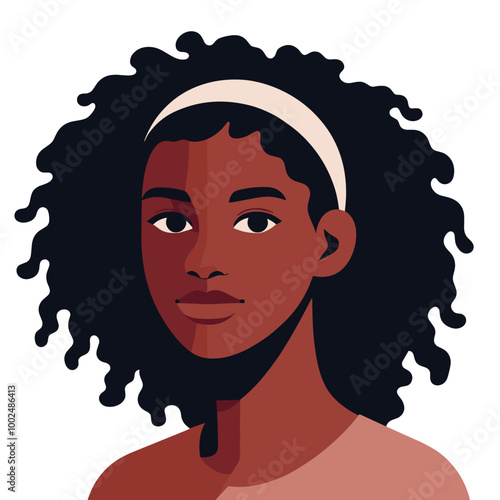 Modern vector illustration of young woman with curly hair in minimalistic style