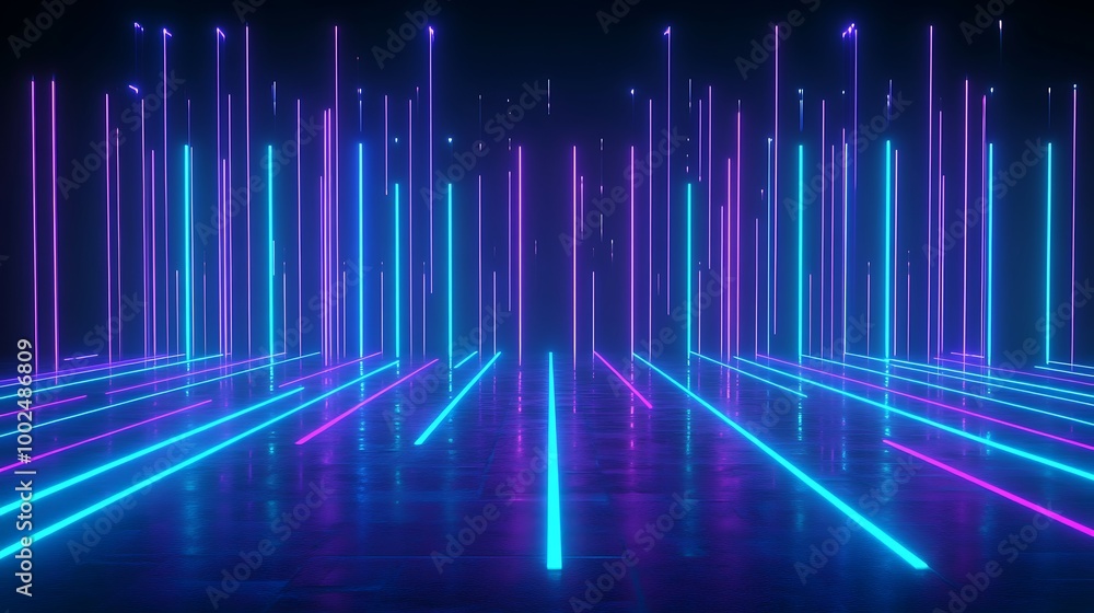Colorful light beams creating a futuristic and dynamic atmosphere in a dark environment. Colorful light beams creating a futuristic and dynamic atmosphere in a dark environment.