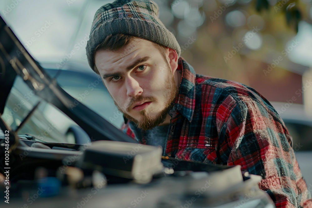 Generative AI picture photo Car mechanic working with broken engine car service banner Generative AI picture photo Car mechanic working with broken engine car service banner