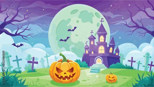 Halloween haunted house with pumpkins and full moon in spooky graveyard
