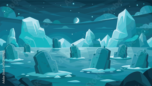 Nighttime arctic landscape with icebergs and frozen sea in cartoon style