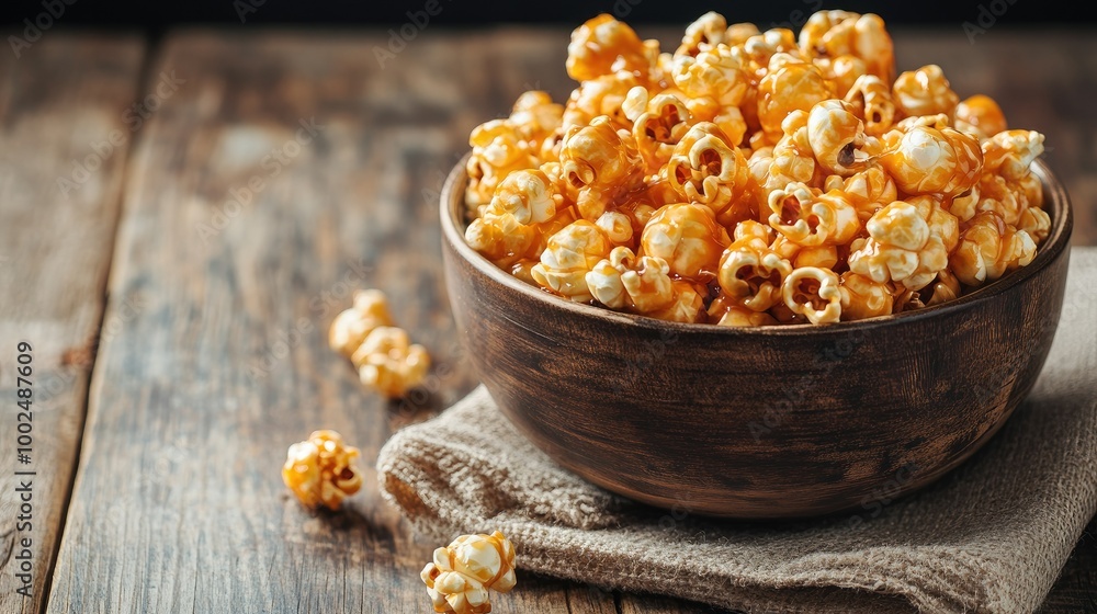 A bowl of caramel-coated popcorn with a golden glaze, sitting on a rustic table with a cozy movie night atmosphere. A bowl of caramel-coated popcorn with a golden glaze, sitting on a rustic table with a cozy movie night atmosphere.