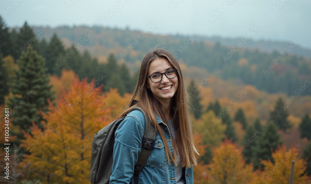 A young woman with a backpack smiles at the camera while standing on a mountaintop overlooking a beautiful autumn forest. She wears a denim jacket and glasses, radiating joy and a sense of adventure. A young woman with a backpack smiles at the camera while standing on a mountaintop overlooking a beautiful autumn forest. She wears a denim jacket and glasses, radiating joy and a sense of adventure.