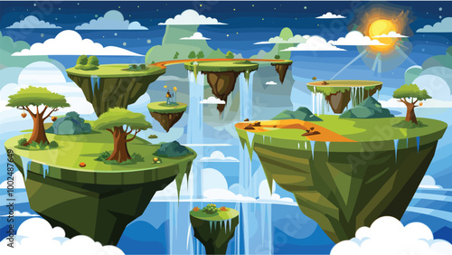 Fantasy floating islands with waterfalls, trees, and bright sun in sky