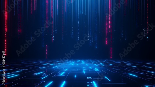 Dynamic blue and red lights create a futuristic digital landscape with vertical lines and a glowing floor, perfect for tech designs.