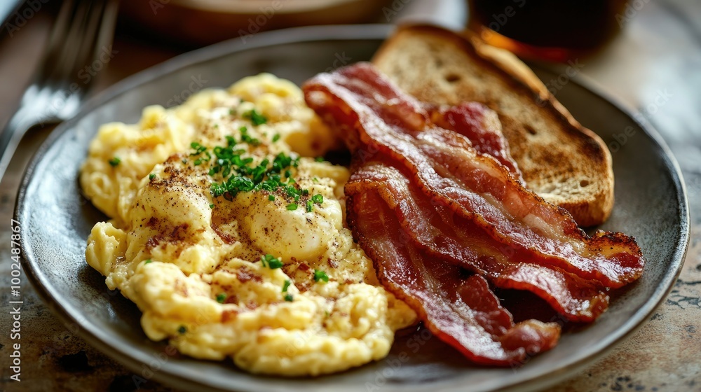 A breakfast plate featuring slices of smoked bacon next to scrambled eggs and toast, served on a rustic table. A breakfast plate featuring slices of smoked bacon next to scrambled eggs and toast, served on a rustic table.