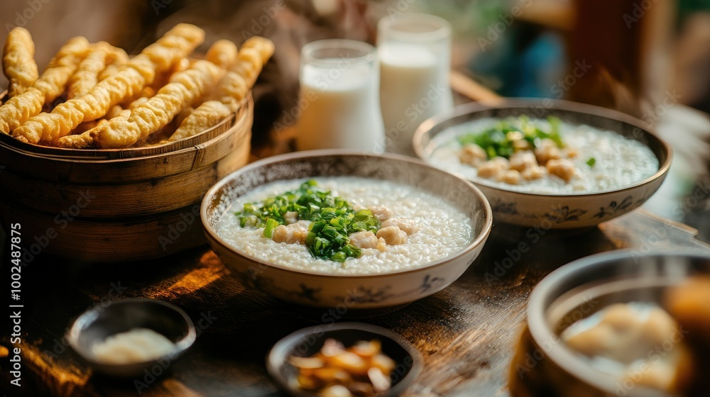 A breakfast table set with deep-fried dough sticks, steaming bowls of congee, and fresh soy milk, showcasing a traditional Asian meal. A breakfast table set with deep-fried dough sticks, steaming bowls of congee, and fresh soy milk, showcasing a traditional Asian meal.