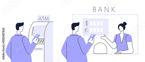 Man stands next to an ATM and bank. Bank employee with client