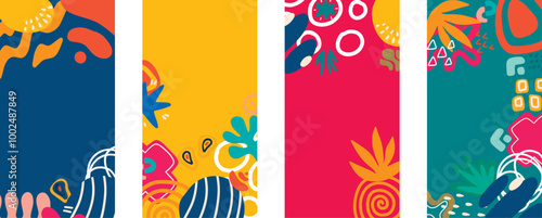 Set of four vector pre-made cards or posters in modern abstract style with nature motifs, flowers,leaves Editable vector design, frame for social media post and story, card, cover, wedding invitation