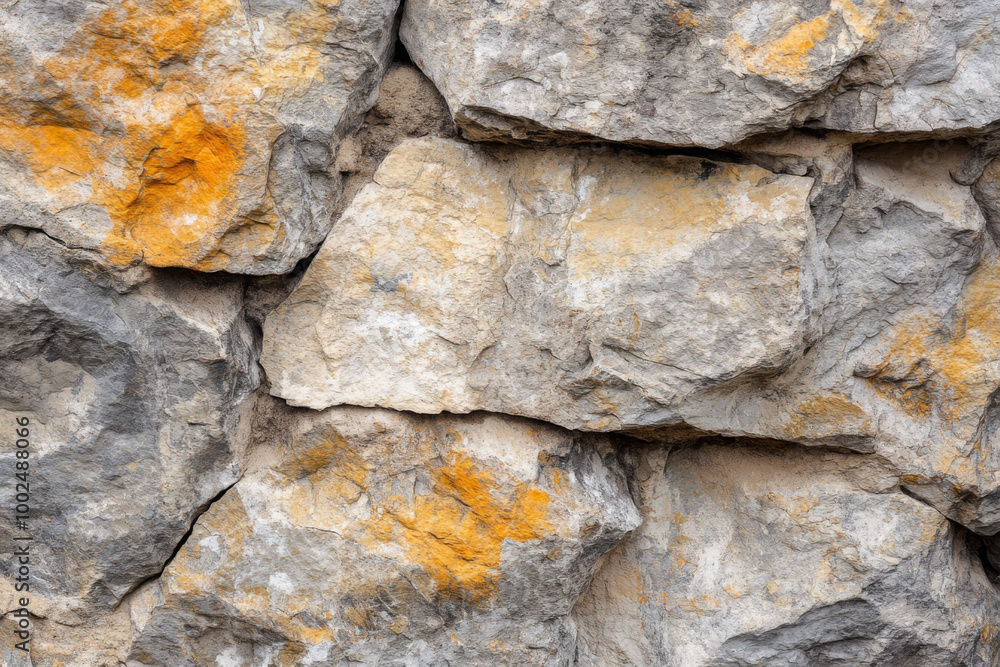Textured stone wall featuring gray rocks with vibrant yellow lichen patches in natural light Textured stone wall featuring gray rocks with vibrant yellow lichen patches in natural light