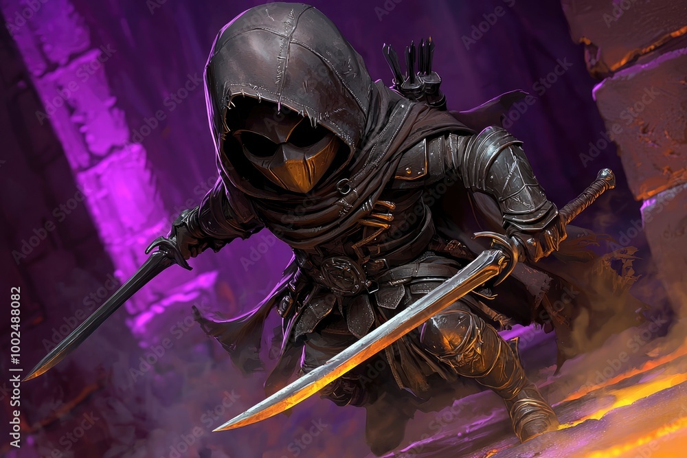 Naklejka premium Dark Fantasy Warrior in Shadowy Setting