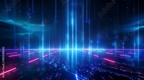 Futuristic abstract background with bright neon lines and glowing beams, perfect for digital art and technological themes.